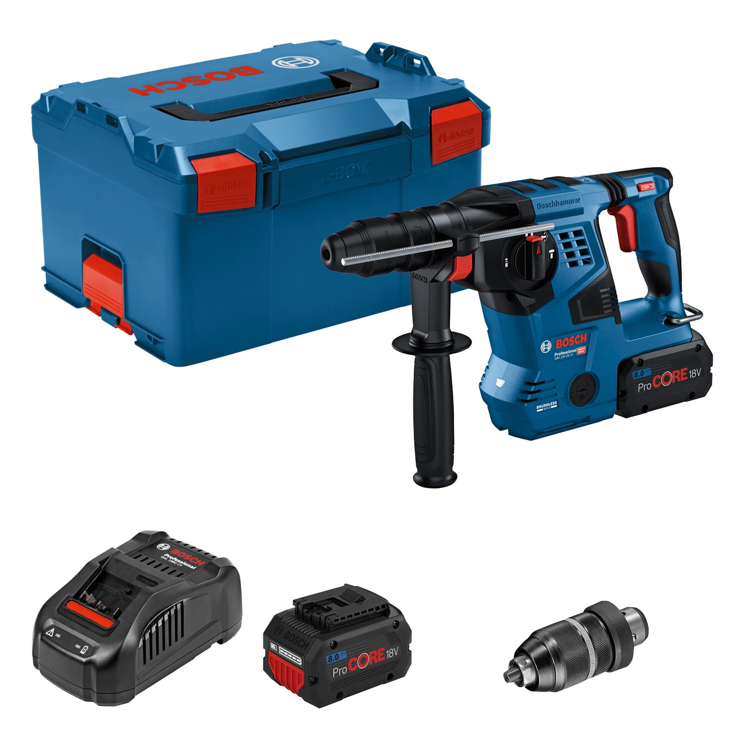 Bosch Borrhammare GBH 18V-28 CF med 2x8Ah batterier och laddare L-Boxx