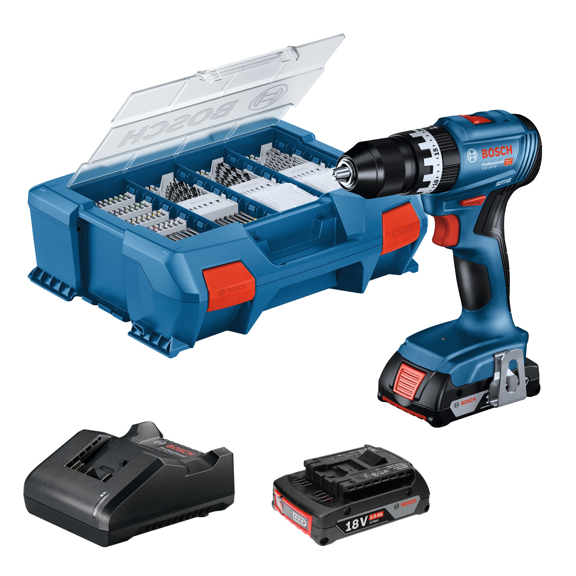 Bosch Slagborrmaskin GSB 18V-45 82XTB med 2x2Ah batterier och laddare i L-case