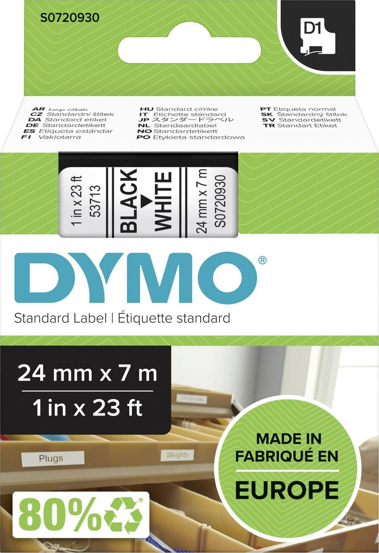 Dymo merkingstape nr. 53713, svart/hvit, 24 mm x 7 meter