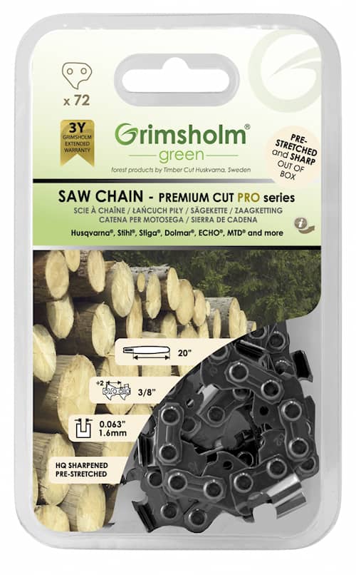 Grimsholm 20" 72dl 3/8" 1.6mm Premium Cut Pro Motorsågskedja