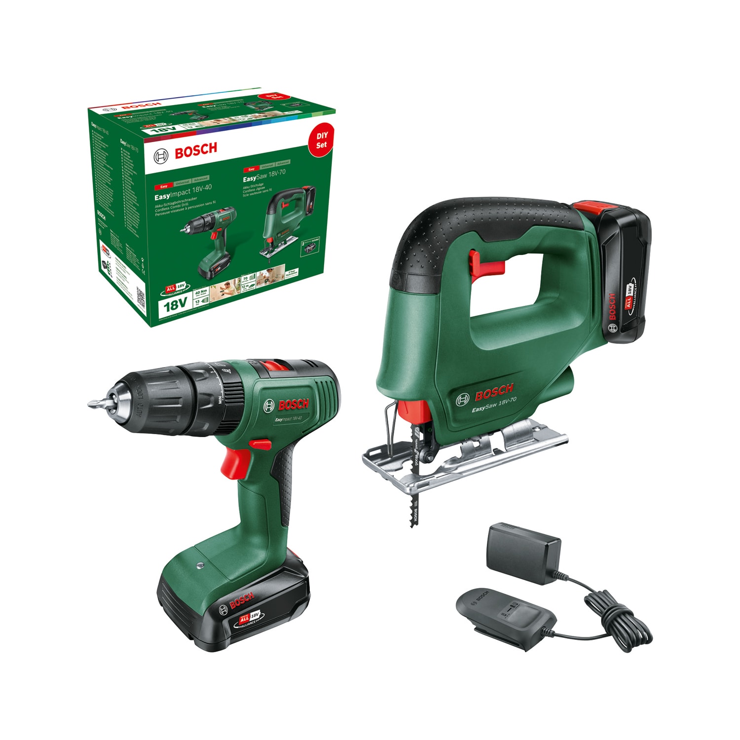 Bosch DIY Verktygsset 18V Easyimpact Easysaw med 2x2Ah batteri och laddare