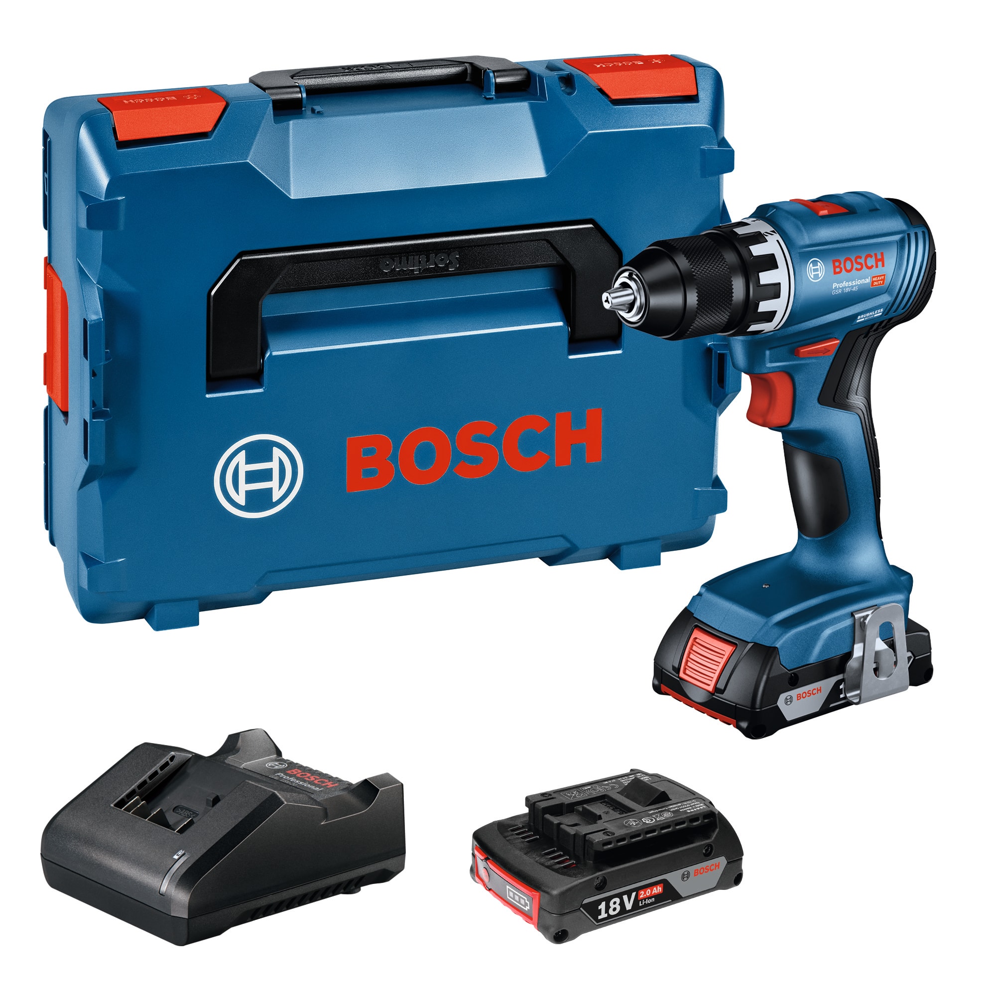 Bosch Skruvdragare GSR 18V-45 med 2x2Ah batterier och laddare i L-Boxx