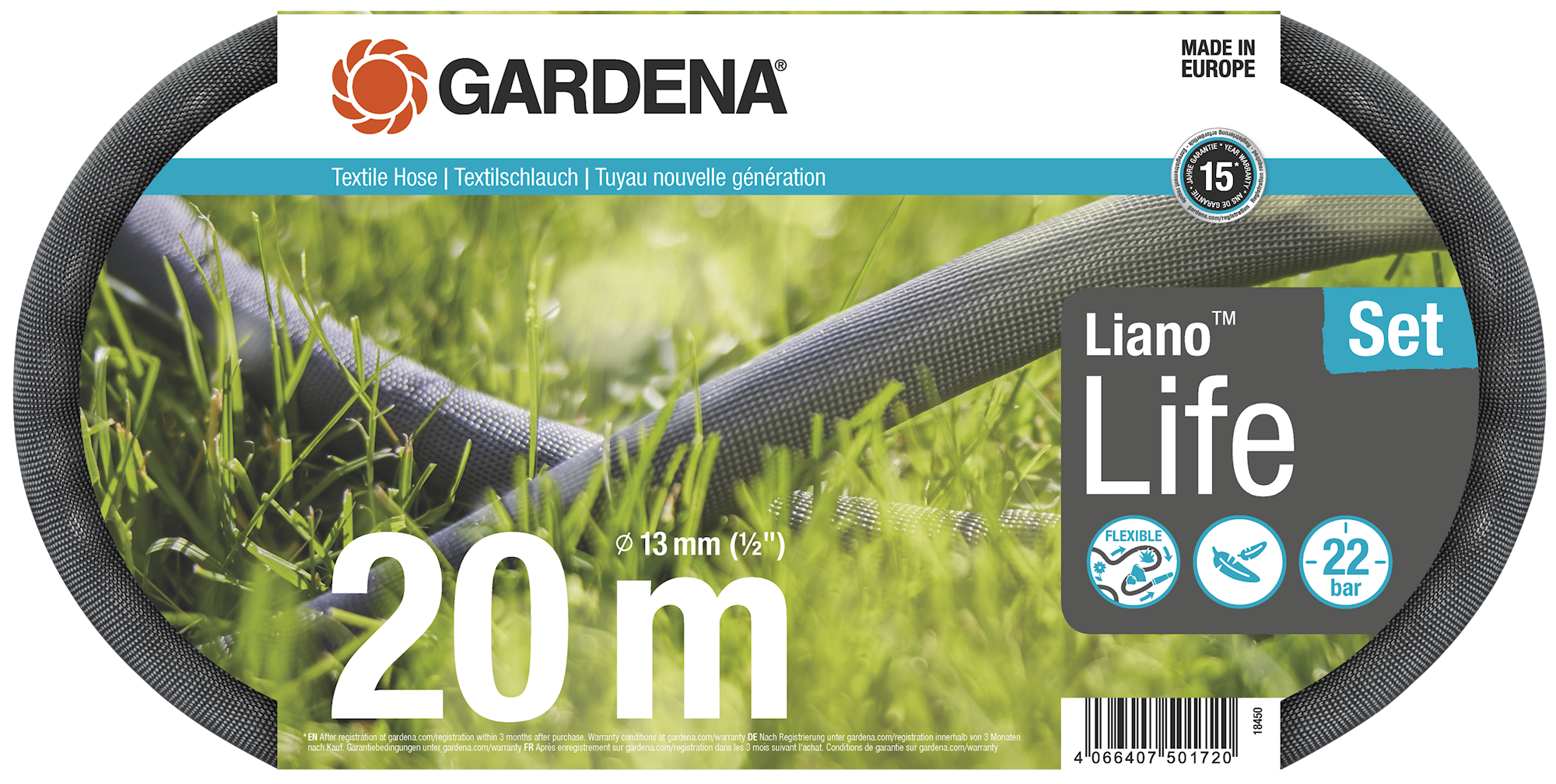 Gardena Textilslang Liano™ Life 20m 1/2" set med strålmunstycke