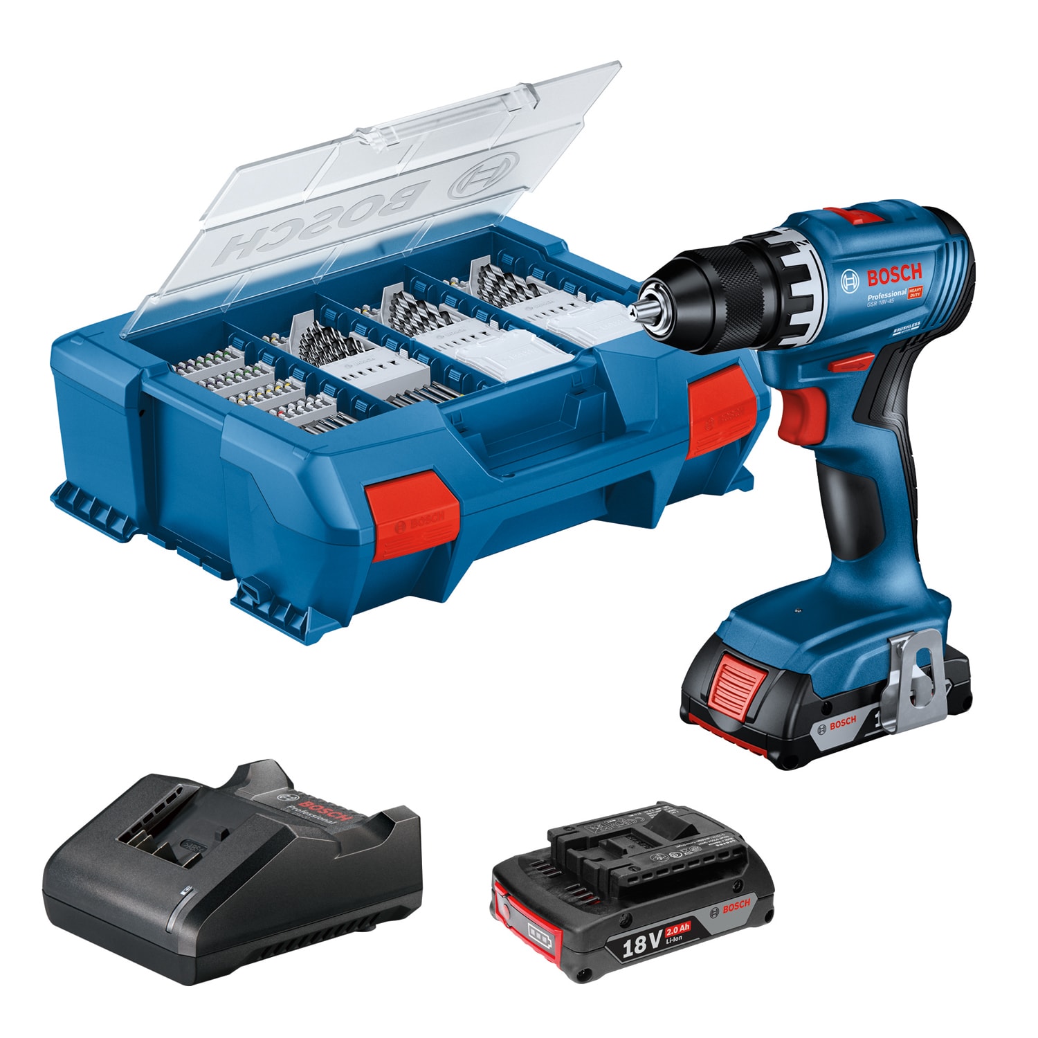 Bosch Skruvdragare GSR 18V-45 82XTB med 2x2Ah batterier och laddare i L-case