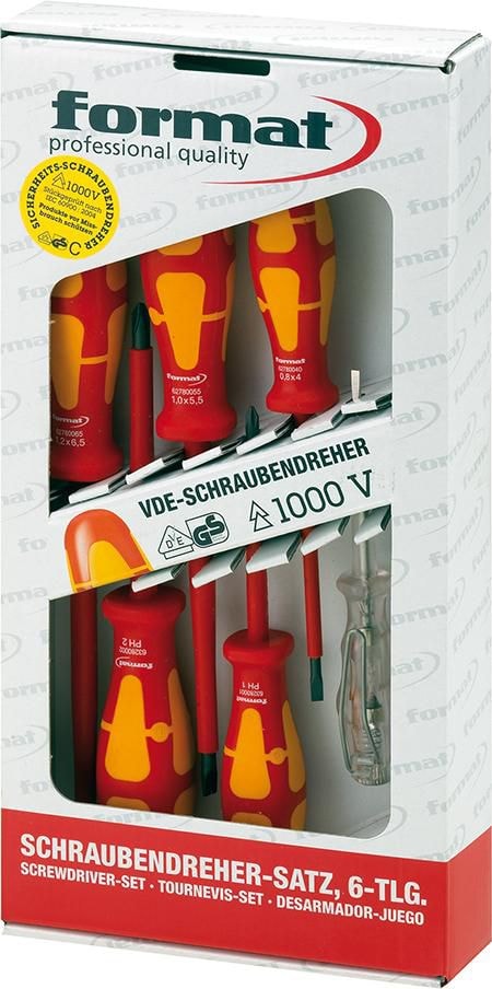 Format VDE-ruuvimeisselisarja 1000 V Ura/PZ + jännitetesteri, 6 osaa