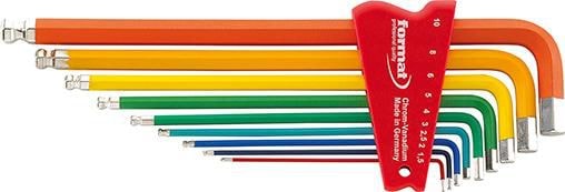 Format Sekskantnøkkel med kule, lang, i sett 1,5-10 mm, farget, 9 stk