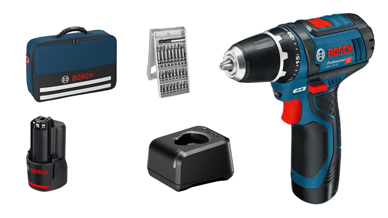 Bosch Skruvdragare GSR 12V-15 25XTB med 2x2Ah batterier och laddare