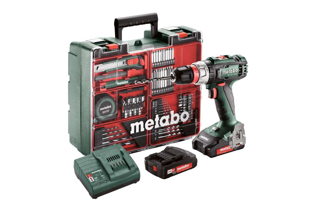 Metabo Borrskruvdragare BS 18 L Quick Set 18V med 2st 2,0Ah Li-Power-batterier & laddare SC 30 samt Workshop/tillbehörssats