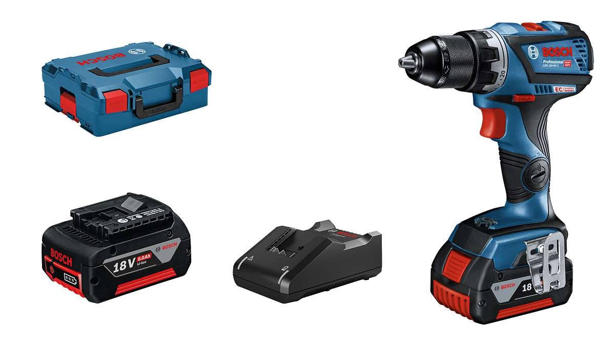 Bosch Borrskruvdragare GSR 18V-60 C med 2st 5,0Ah batterier och laddare GAL 18V-40 i L-BOXX
