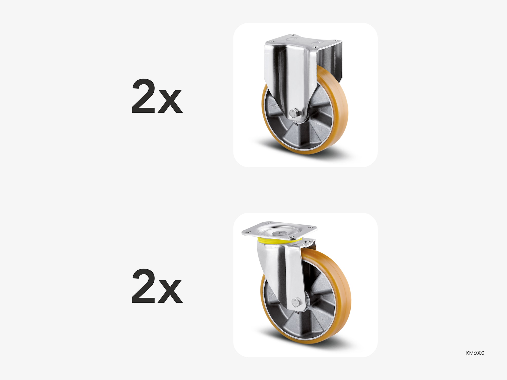 Pyöräsarja 6000, raskas, 200 mm, 2500 kg, 2 kiinteää + 2 kääntyvää