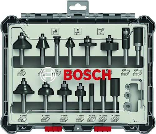 Bosch Bitsæt til fræsejern, 15 dele, blandet, skaft på 1/4"