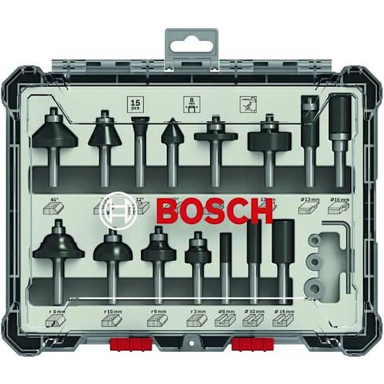 Bosch Sett med fresejern, 15 deler, blandet, 1/4" skaft