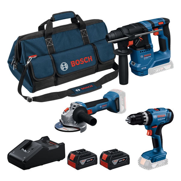 Bosch Verktygspaket GSB 18V-25 GBH 18V-18 GWS 18V-8 med 2x4Ah batterier och laddare GAL 18V-40 i BAG