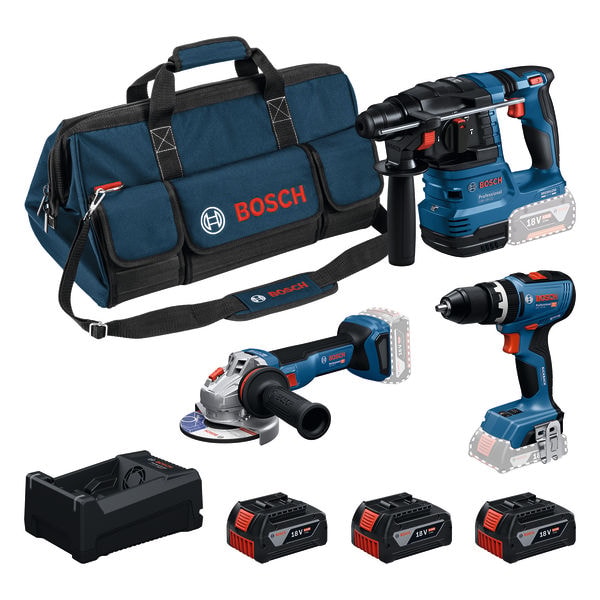 Bosch Verktygspaket GSB 18V-65 GBH 18V-22 GWS 18V-11 med 3x5Ah batterier och laddare GAL 12V/18V-80 i BAG
