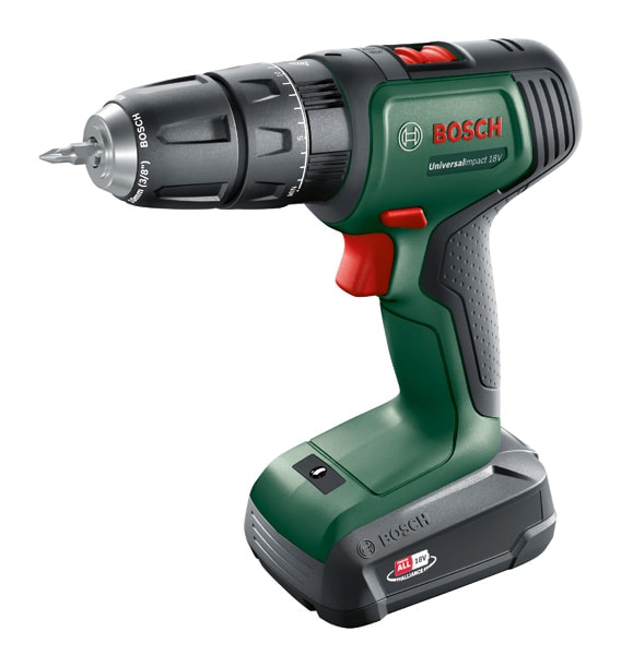 Bosch Borrskruvdragare Universalimpact 18V med 2x1,5Ah batterier & laddare i S-box + Tillbehörssats