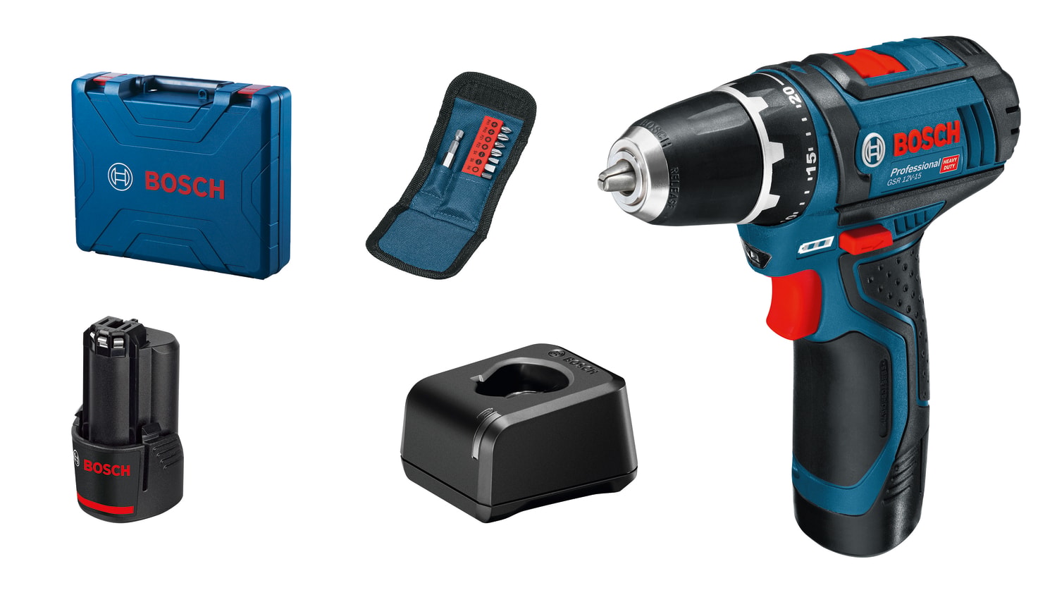 Bosch Skruvdragare GSR 12V-15 10XTB med 2x2Ah batterier och laddare i case