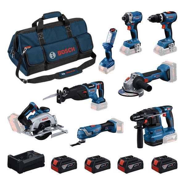 Bosch Verktygspaket GBH18V-22 GWS18V-8 GDR18V-215 GSB18V-65 GKS18V-57-2 GSA18V-28 GOP18V-34 GL 18V-300 med 4x5AH batterier och laddare GAL12V/18V-80 i BAG