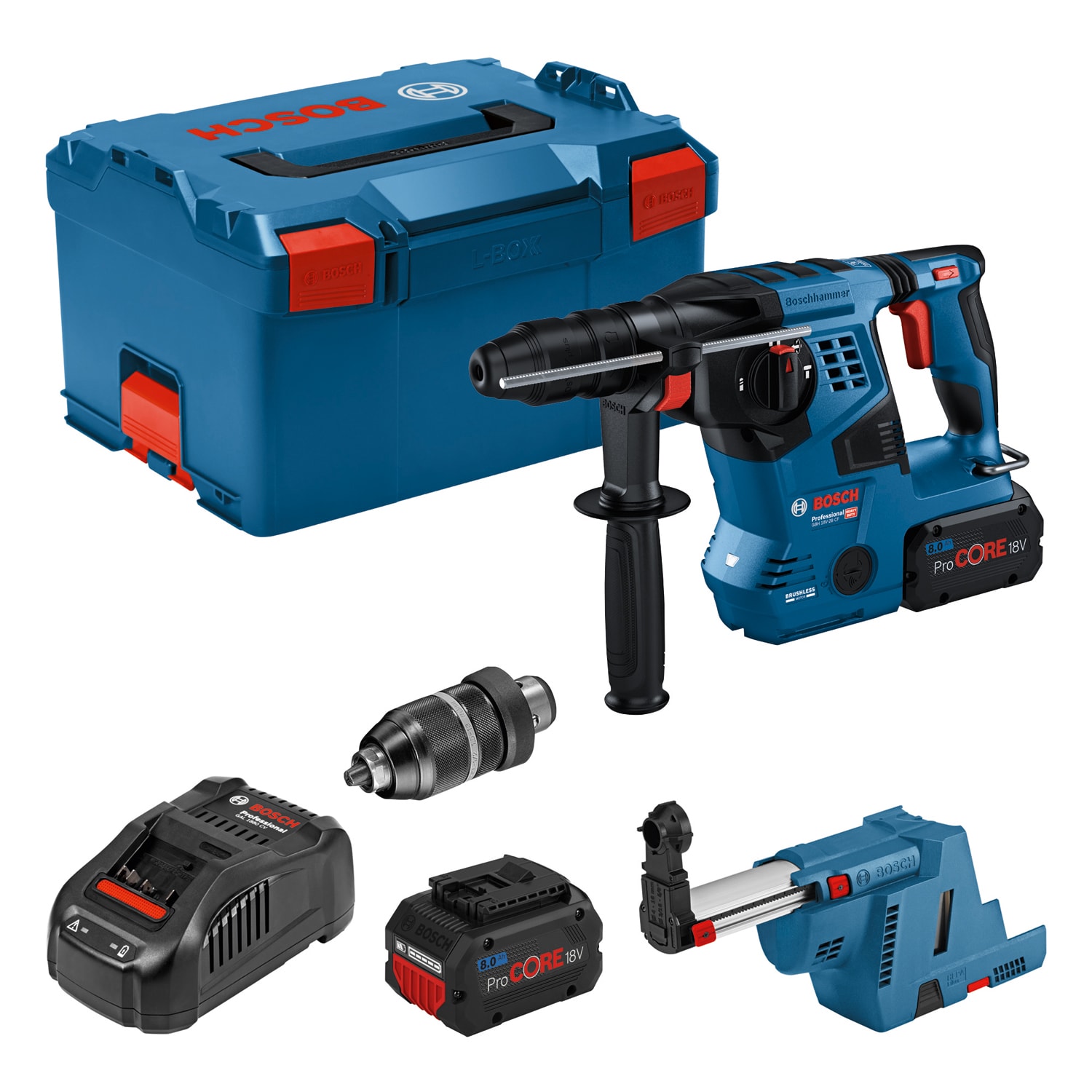 Bosch Borrhammare GBH18V-28 CF med 2x8Ah batterier och laddare GDE SC i L-Boxx