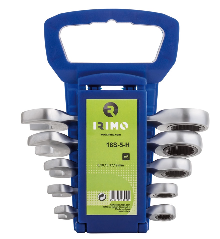 Irimo sperrekombinøkkel i sett 8-19 mm, 5 deler, kort, i holder