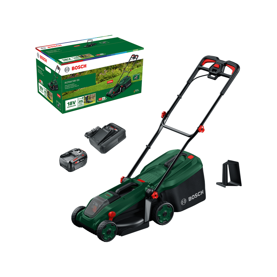 Bosch DIY Gräsklippare Rotak 18V-34 med 1x4Ah batteri och laddare