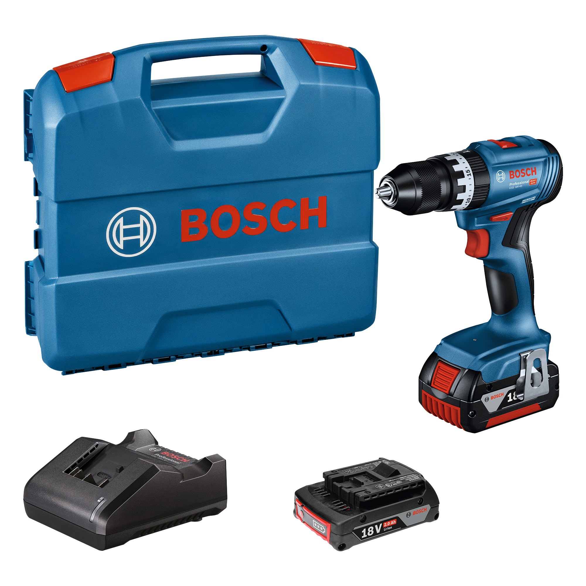 Bosch Slagborrmaskin GSB 18V-45 med 1x2Ah 1x4Ah och laddare i L-case