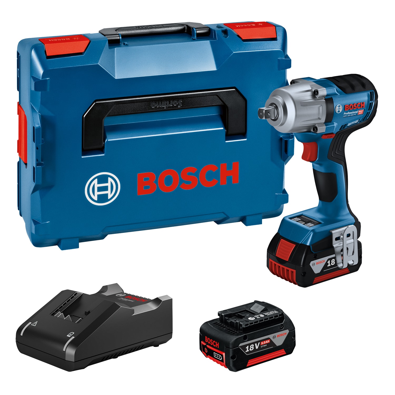 Bosch Mutterdragare GDS 18V-450 PC med 2x5Ah batterier och laddare i L-Boxx
