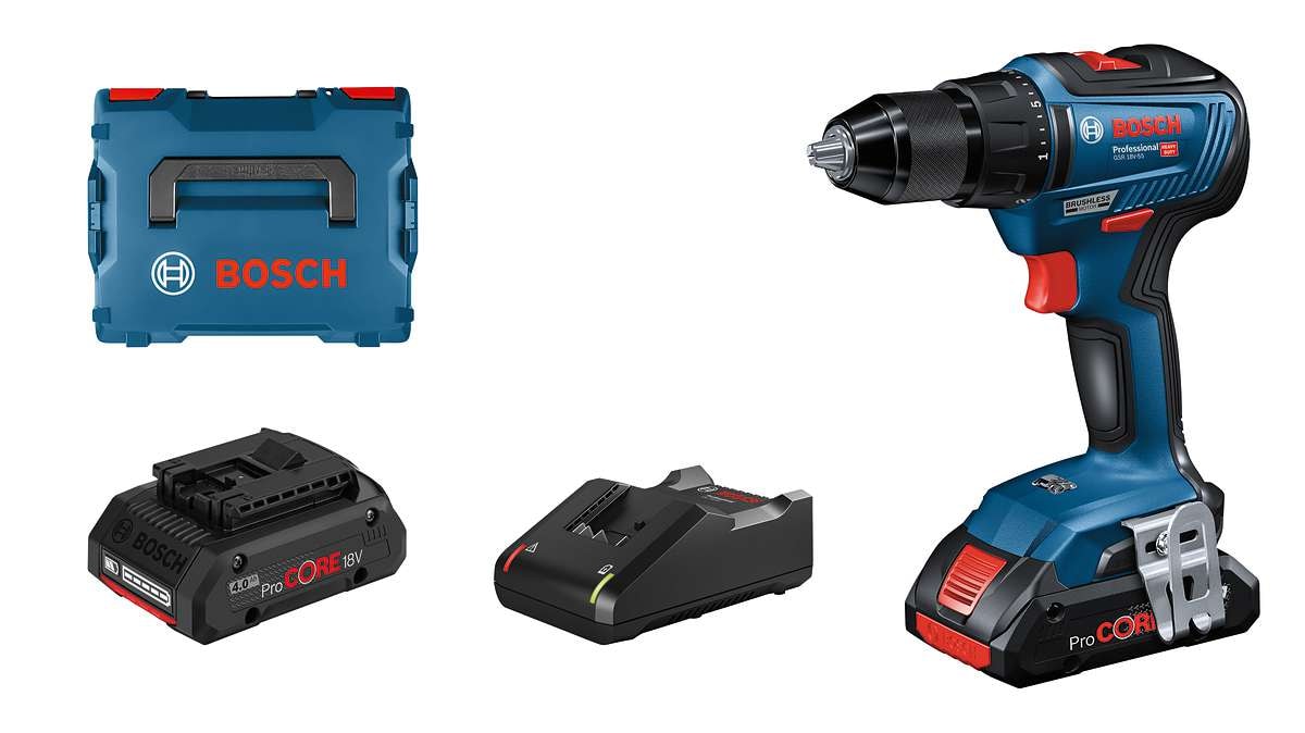 Bosch Borrskruvdragare GSR 18V-55 med 2st 4,0Ah ProCORE-batterier & laddare GAL 18V-40 i L-BOXX