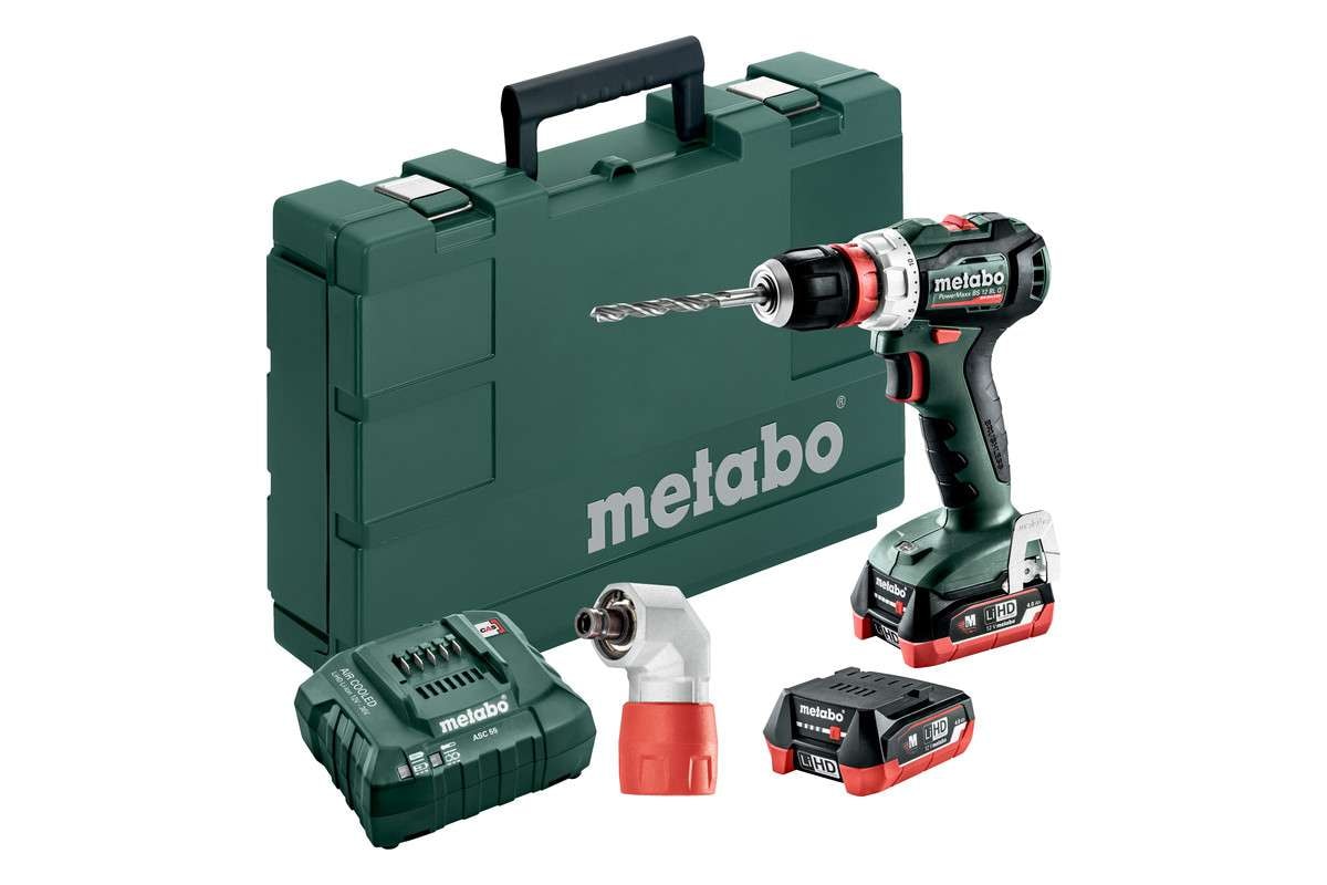 Metabo Borrskruvdragare PowerMaxx BS 12 BL Q Pro med 2st 4,0Ah LiHD-batterier & laddare ASC 55 inkl. snabbvinkeladapter ''Quick''