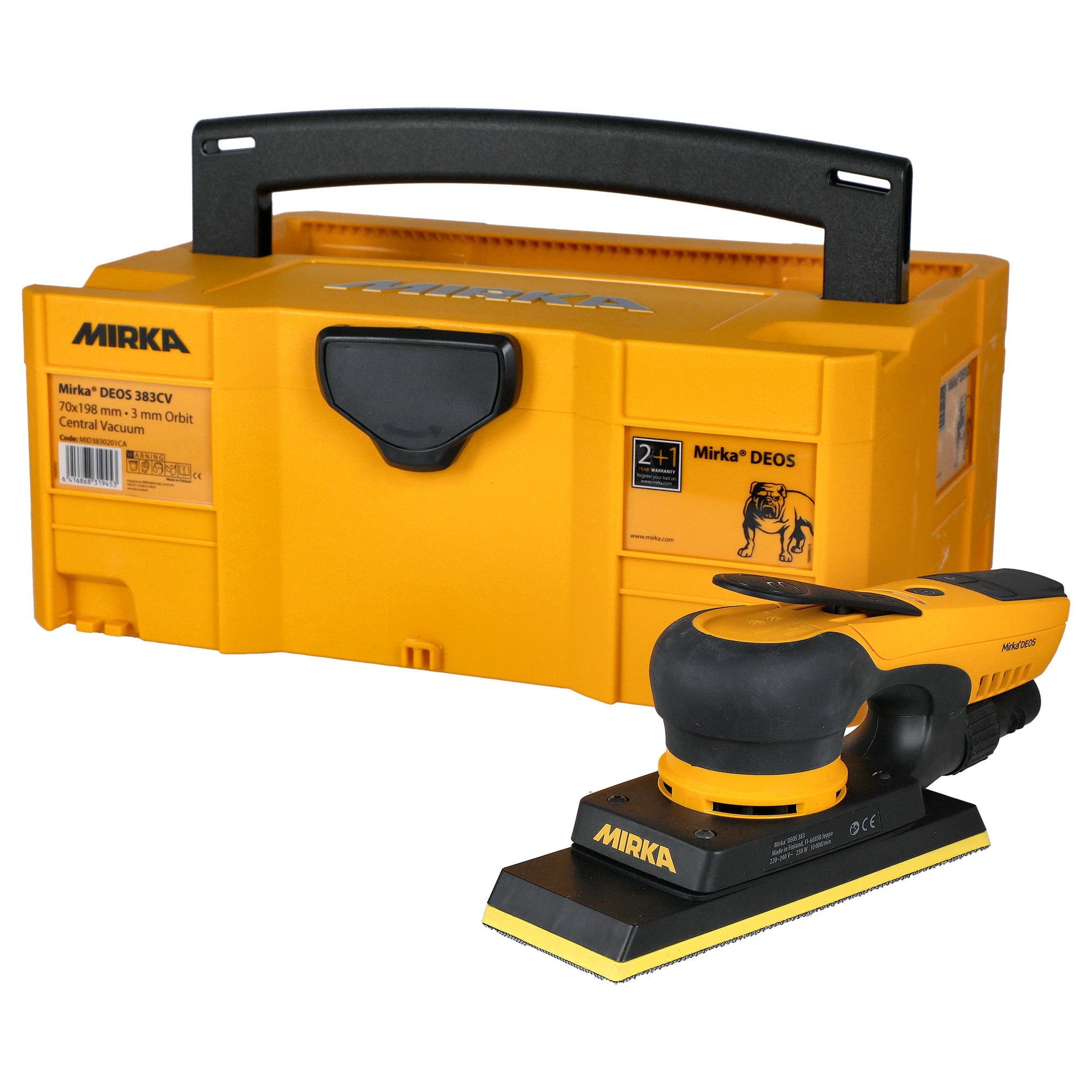 Mirka Planslipmaskin DEOS 383CV 70x198mm Orbit 3,0 230V i plastbox