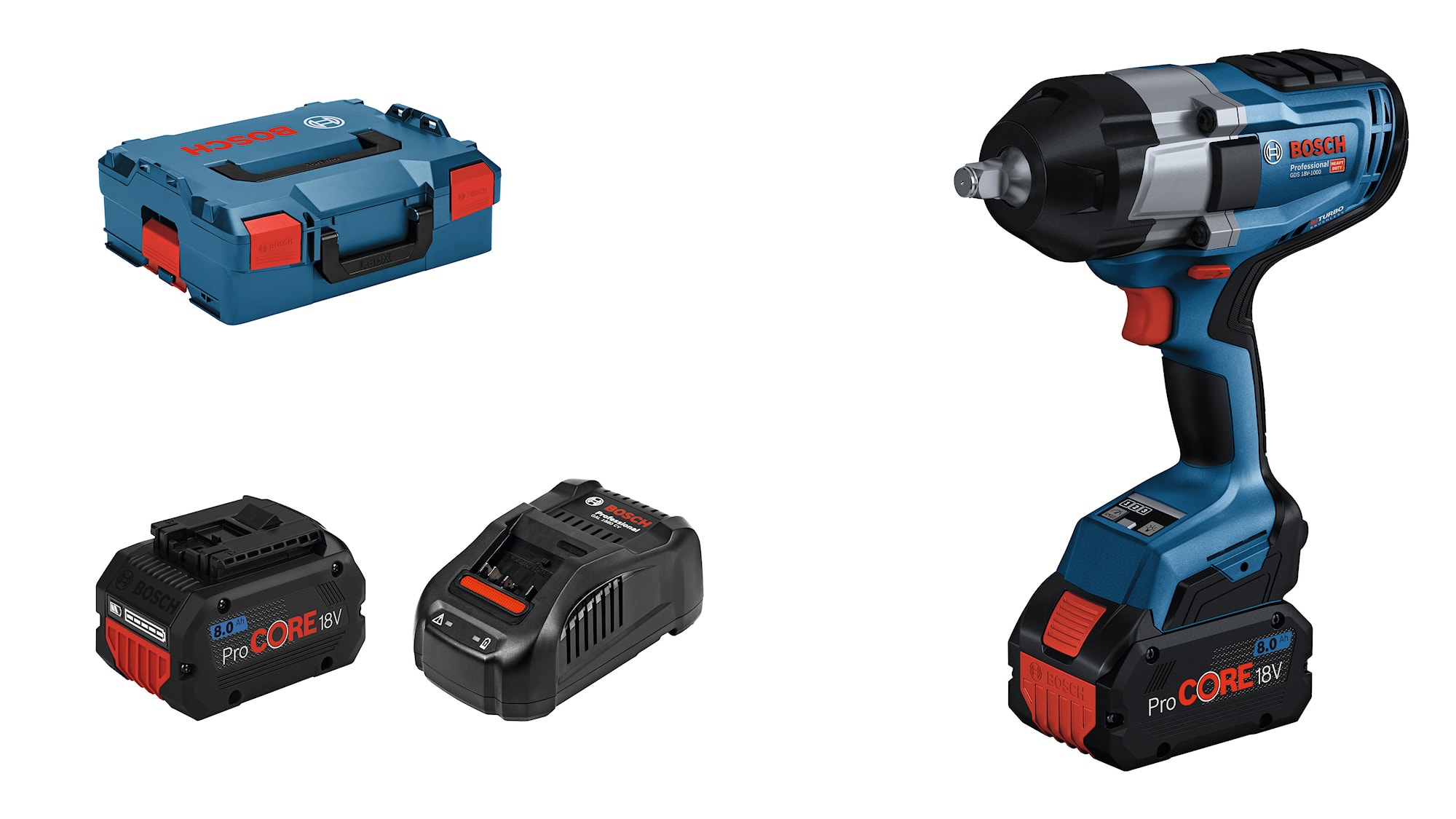 Bosch Mutterdragare GDS 18V-1000 PC med 2x8Ah batterier och laddare CV i L-Boxx