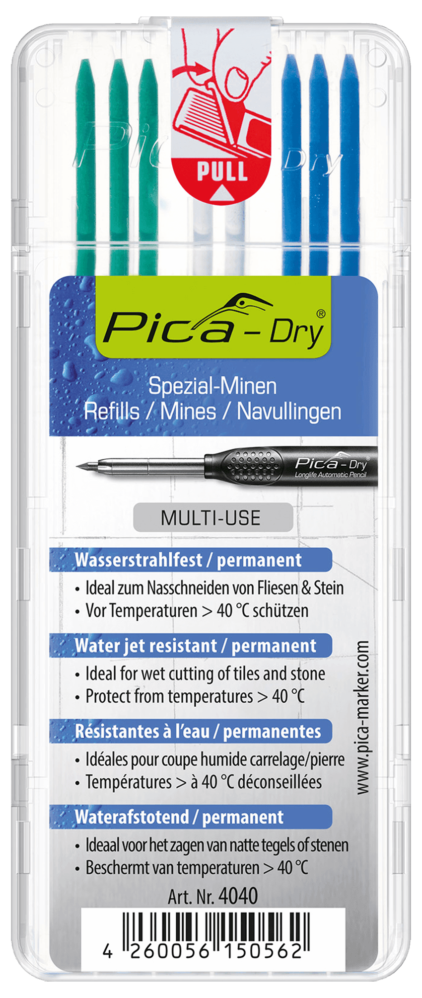Pica Lösa stift vattenfast, 3 blå, 3 grön, 2 vit