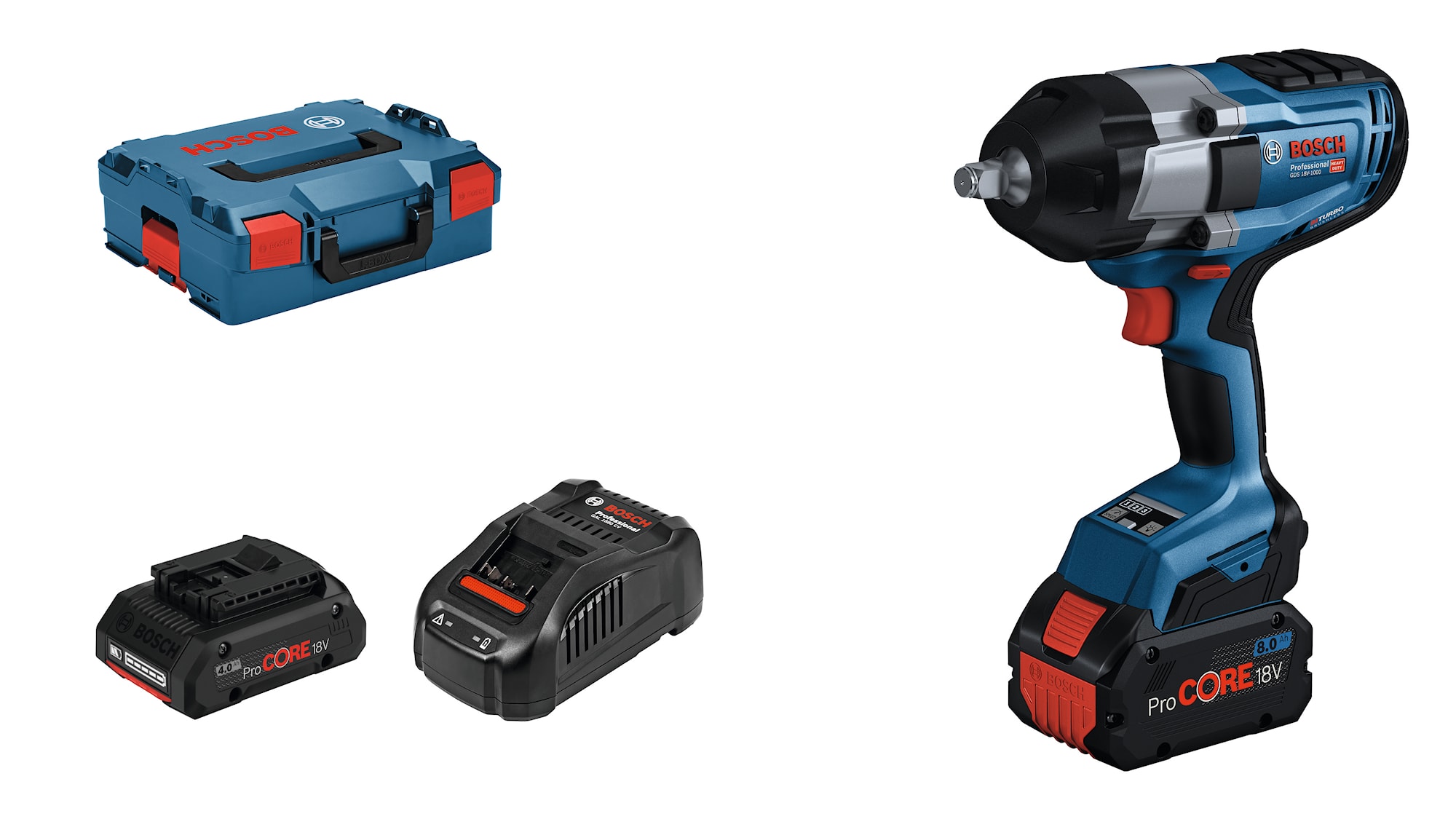Bosch Mutterdragare GDS 18V-1000 PC med 2x5,5Ah batterier och laddare CV i L-Boxx