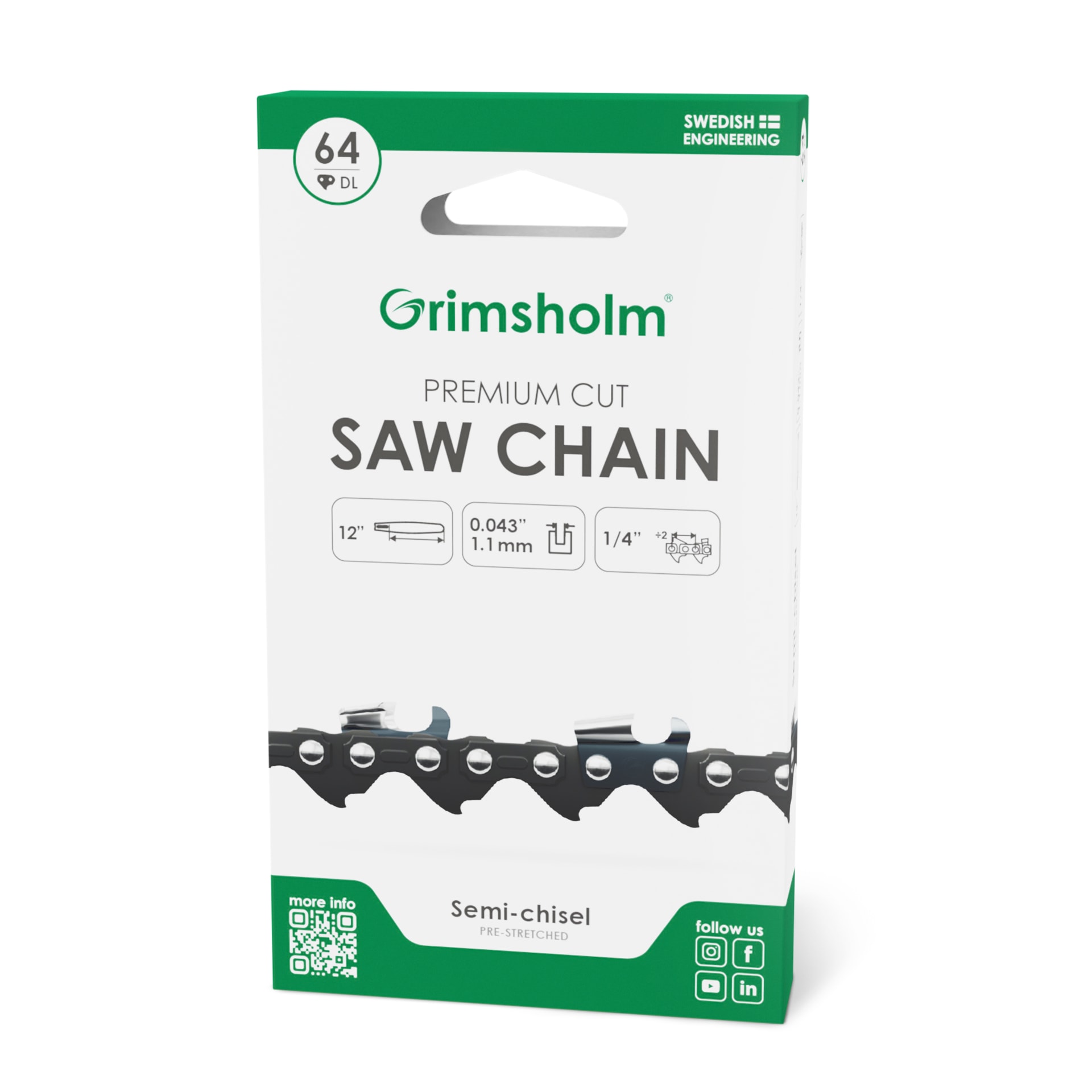 Grimsholm 12" 64vl 1/4" 1.1mm Premium Cut Moottorisahan Teräketju -