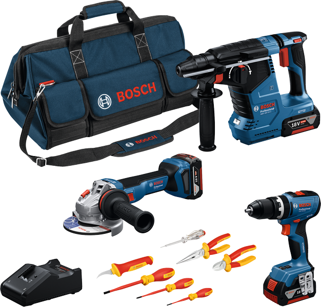 Bosch Verktygspaket 18V GSB 18V-65+GWS 18V-11+ GBH 18V-24C VDE 3x5Ah batterier & laddare i väska