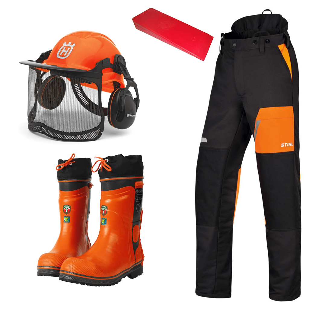 Metsurin paketti, sis.  muun muassa housut, saappaat, kypärä.