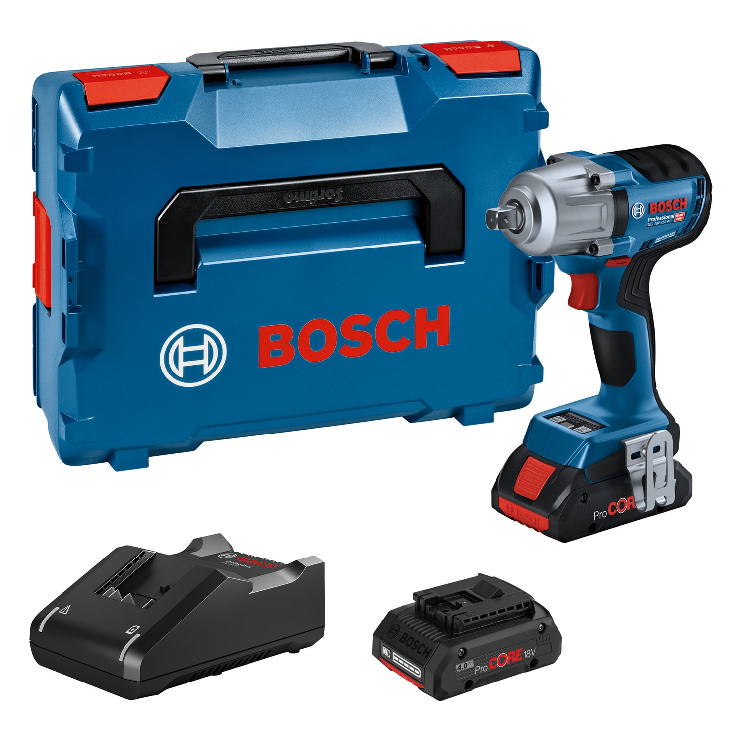 Bosch Mutterdragare GDS 18V-450 PC med 2x4Ah batterier och laddare i L-Boxx