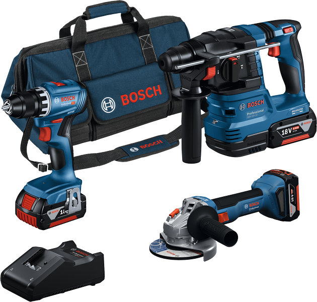Bosch Verktygspaket 18V GSR GWS GBH med 3x4Ah batterier & laddare i väska