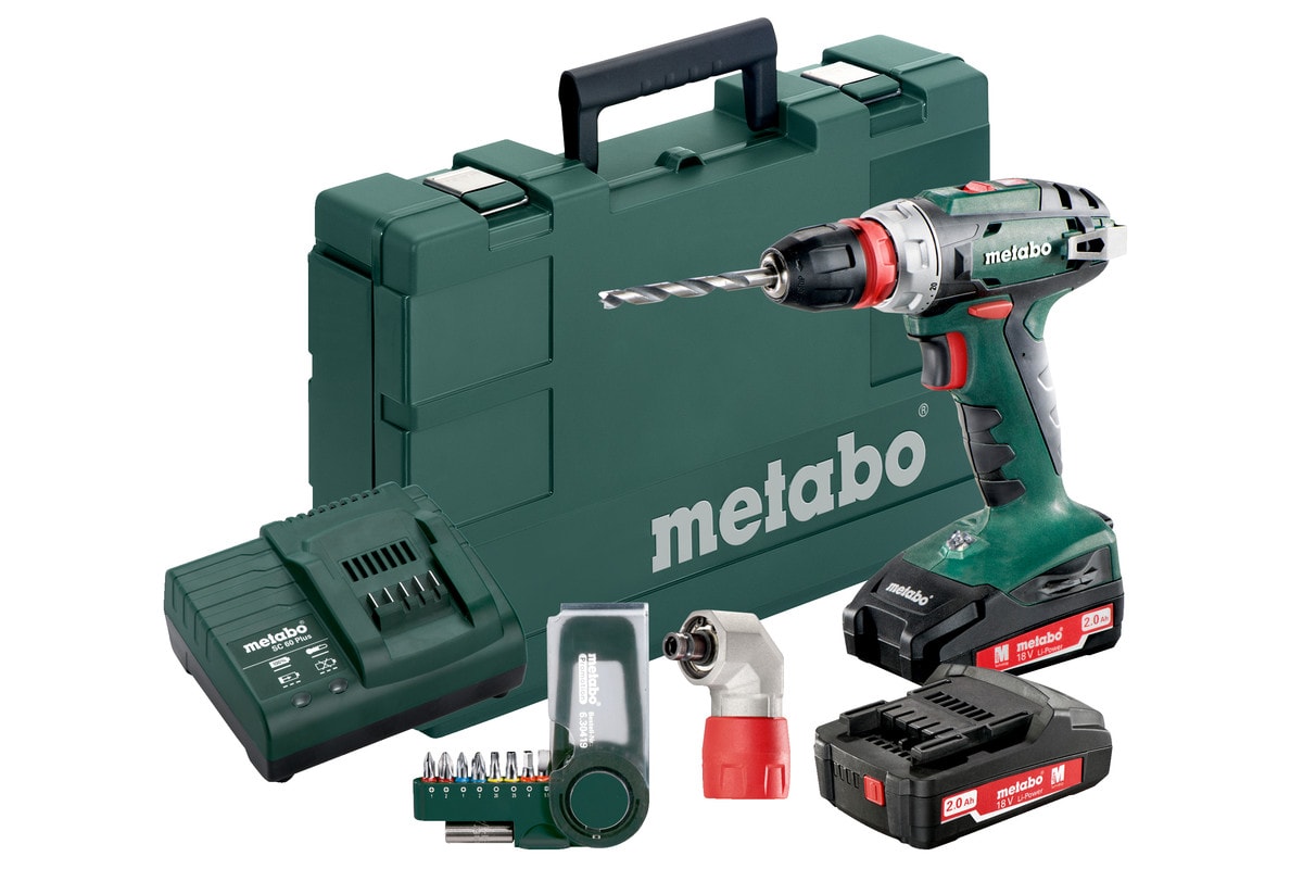 Metabo bore-/skruemaskine BS 18 Quick med 2×2,0Ah batterier & lader + vinkel og bitsæt