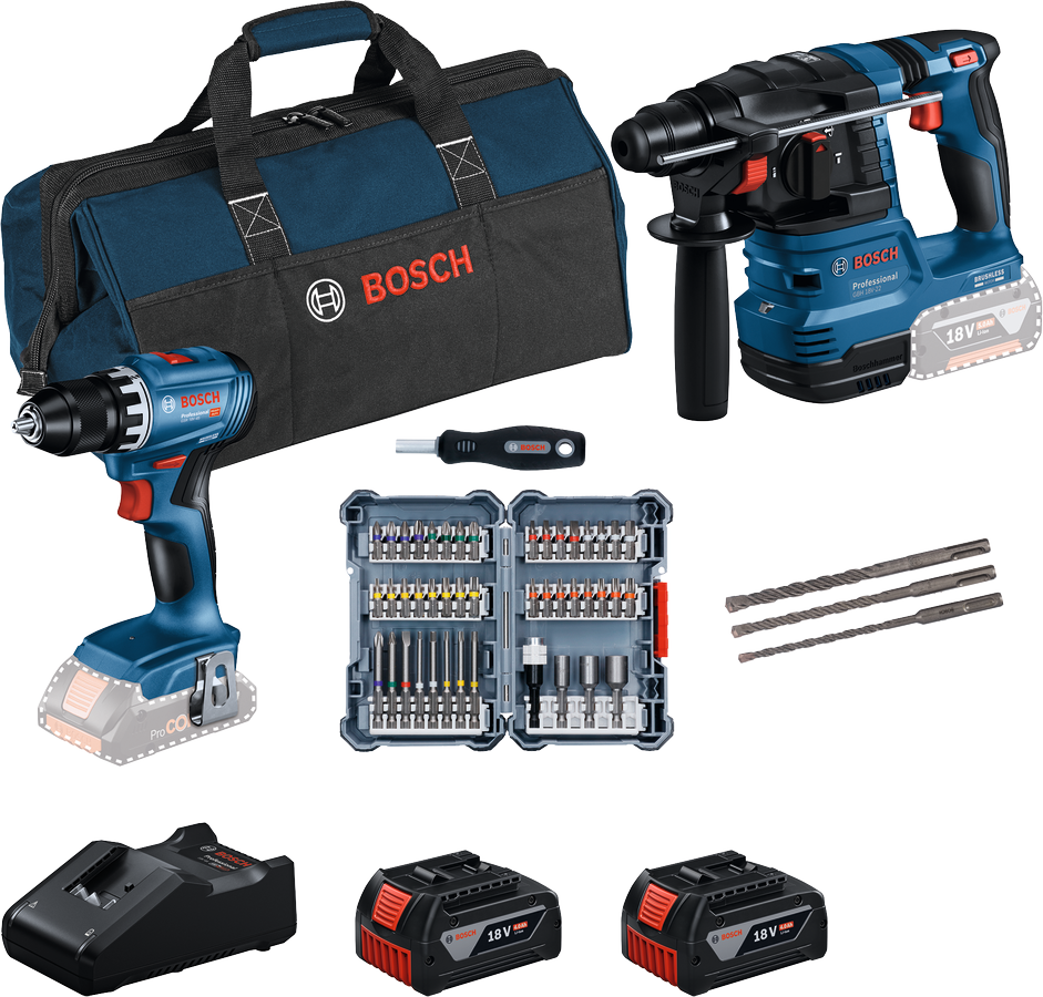 Bosch Verktygspaket 18V GSR+GBH 2x4Ah med bitssats & väska