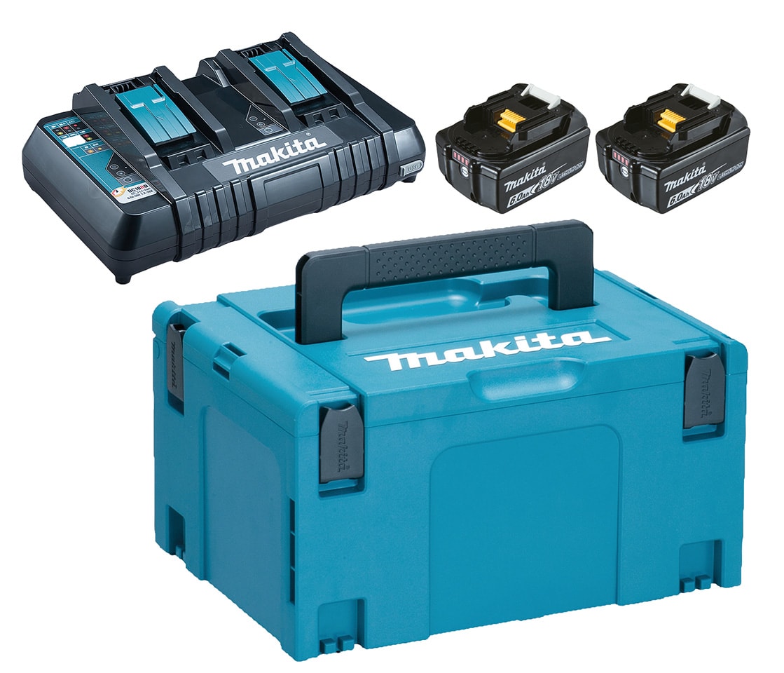 Makita Batteri & dubelladdare 18V 2st 6 Ah BL1860B + laddare DC18RD i MAKPAC