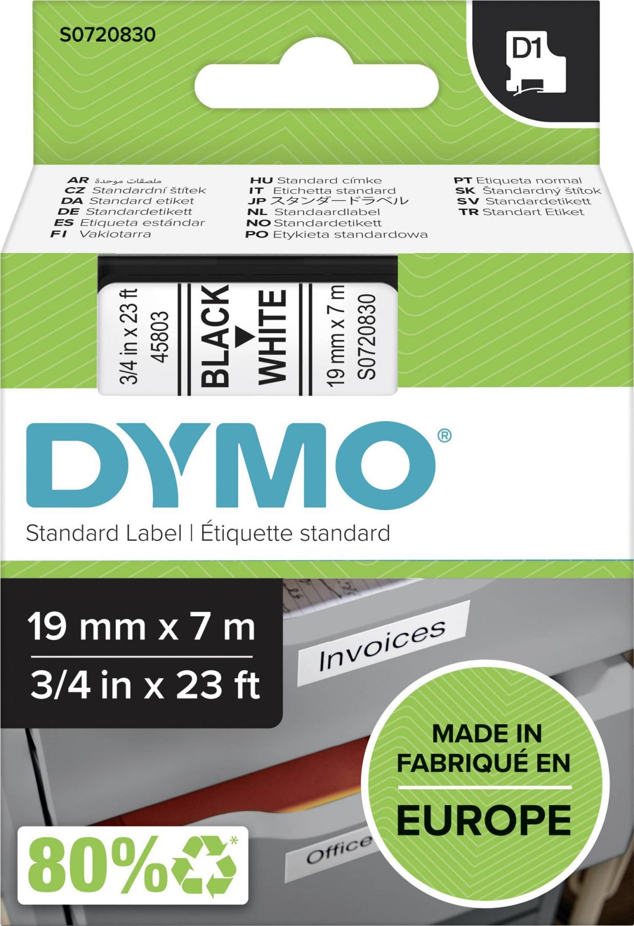 Dymo merkingstape nr. 45803, svart/hvit, 19 mm x 7 meter