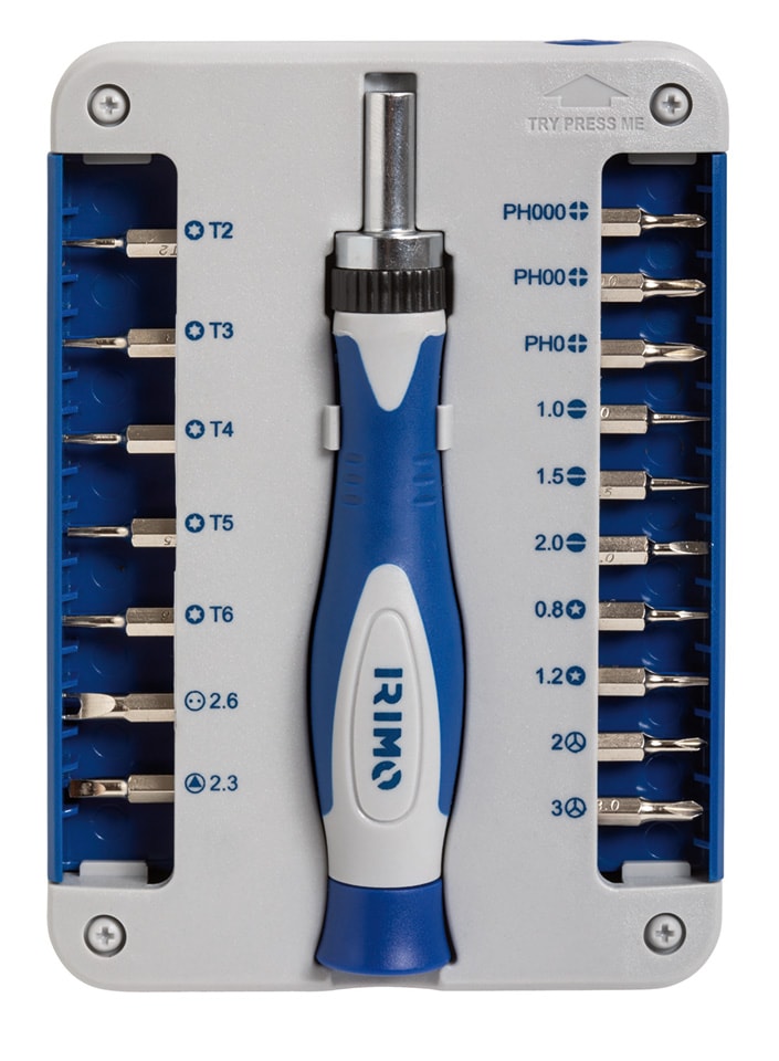 Irimo Bitsskruvmejsel 5/32'' med spärr i sats inkl. 17st bits