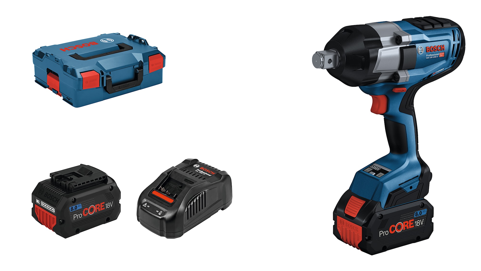 Bosch Mutterdragare GDS 18V-1050 PC H med 2X8Ah batterier och laddare i L-Boxx