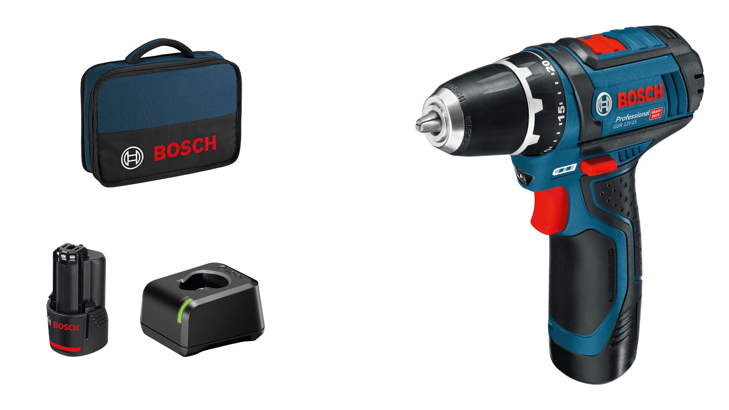 Bosch Skruvdragare GSR 12V-15 med 2x2Ah batterier och laddare