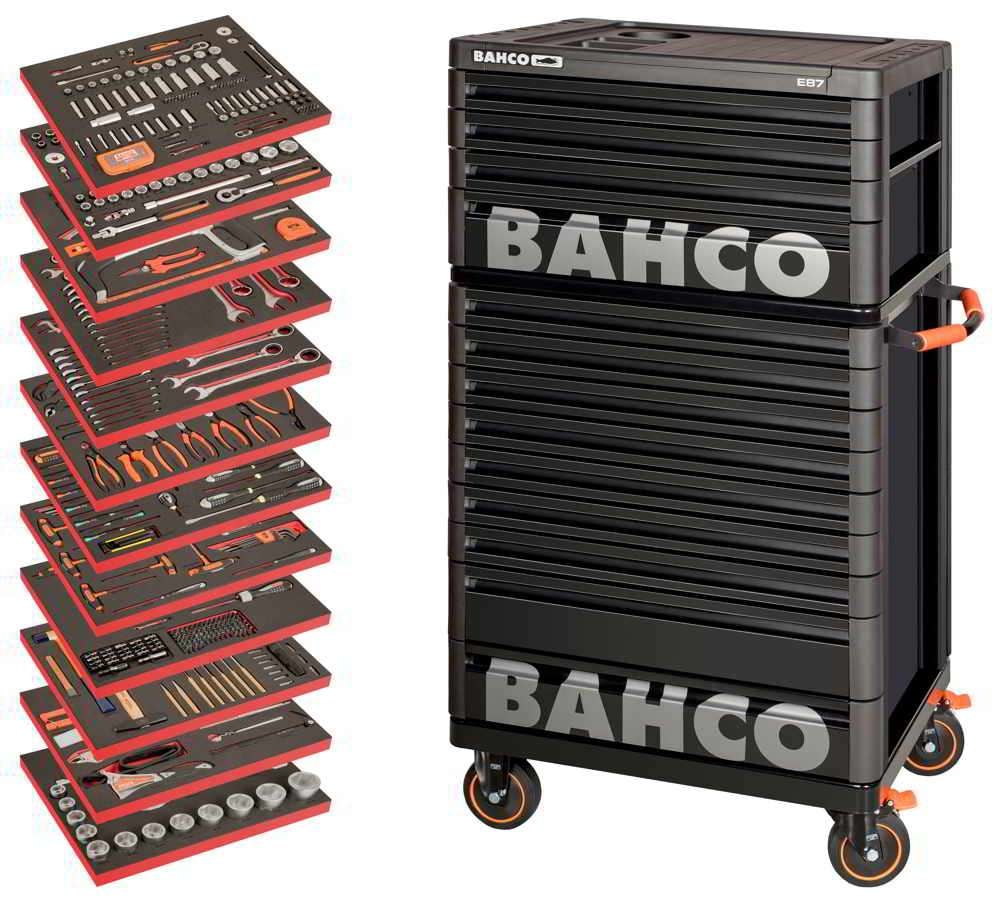 Bahco Verktygsvagn 1477K9 Svart Premium med 9 lådor + överskåp 1487K4 Svart med 4 lådor och 556 verktyg