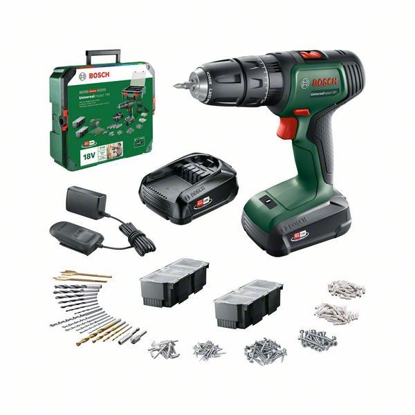 Bosch Slagborrmaskin 18V med 2x1,5Ah batterier & laddare i S-box + Tillbehörssats