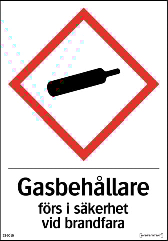 Systemtext Skylt Gasbehållare förs i säkerhet 105x148 Dekal